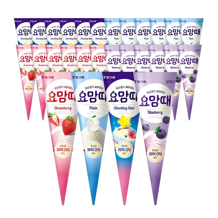빙그레 요맘때 콘 아이스크림 4종 혼합 24개 (플레인6+딸기6+슈팅스타6+블루베리6)