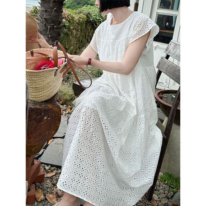 [하프클럽/하젤]아포틱 루즈핏 아사면 펀칭 롱원피스 M4038