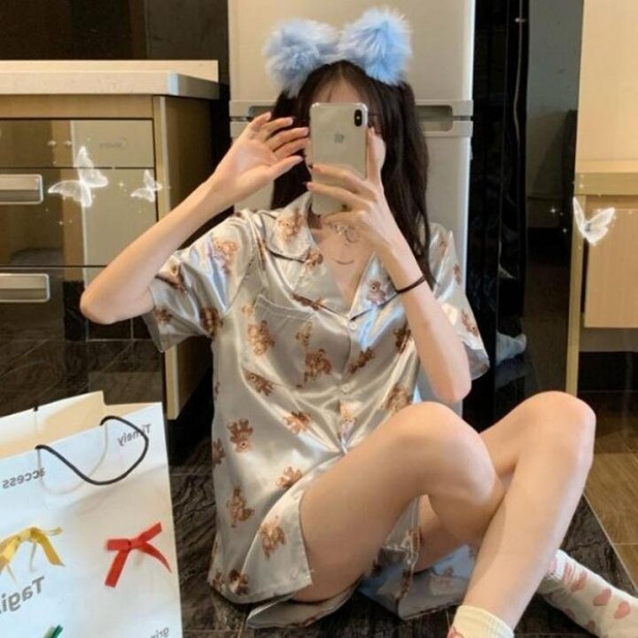 여성실크잠옷촉감곰돌이베어실크잠옷세트반팔잠옷곰돌이잠옷잠옷세트실크잠옷파자마