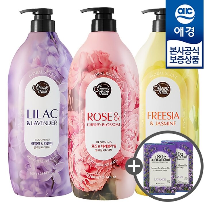 [애경] 샤워메이트 플라워 블루밍 바디워시 900g x3개 +본품 르샤트라 비누 2입 증정