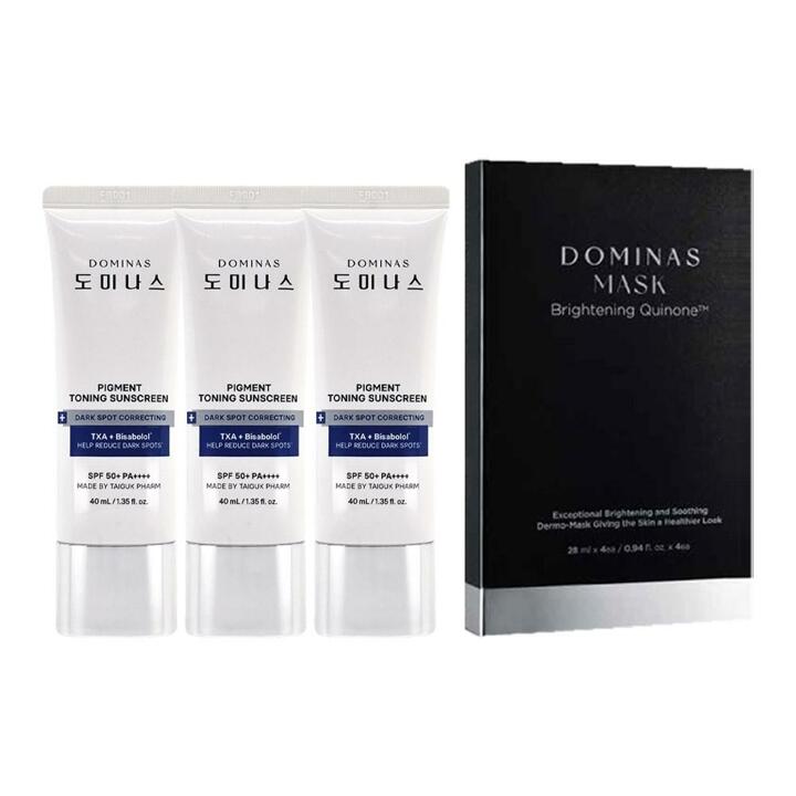 도미나스 기미케어 톤업 트라넥삼산 선크림 40ml 3개+마스크팩 4매