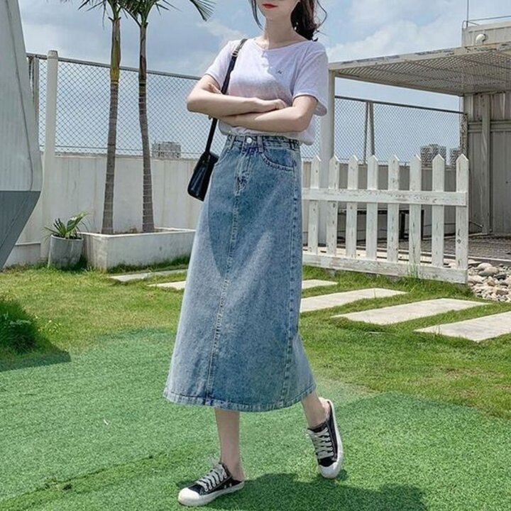 20대 여자 데일리 캐쥬얼 베이직 트임 데님 롱스커트 트임청치마