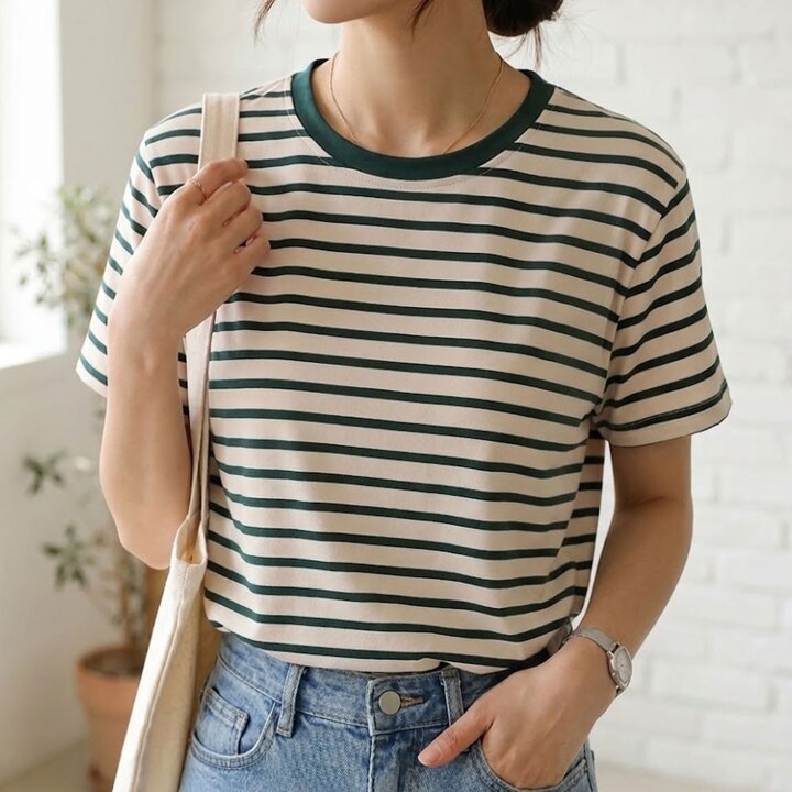 여성 라운드넥 반팔티 1+1 2종세트 스트라이프 줄무늬 여름 기본티 데일리 코디 티셔츠