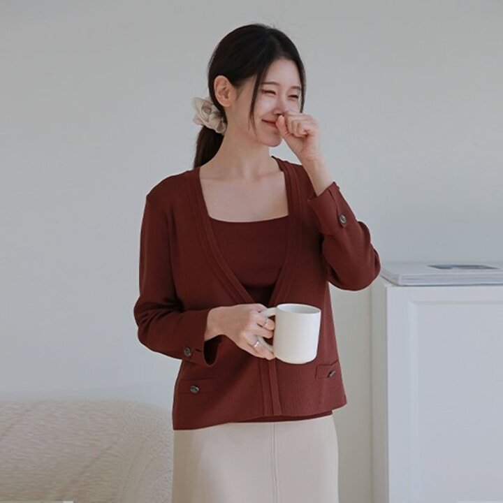 [최초가 99,000원][르포엠]앙띠안 니트탑 가디건 앙상블 2종세트