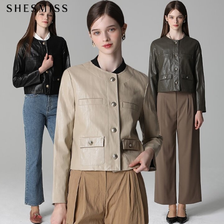 [쉬즈미스(SHESMISS)] 금장 버튼 레더 크롭 재킷 (택가격:278000원)