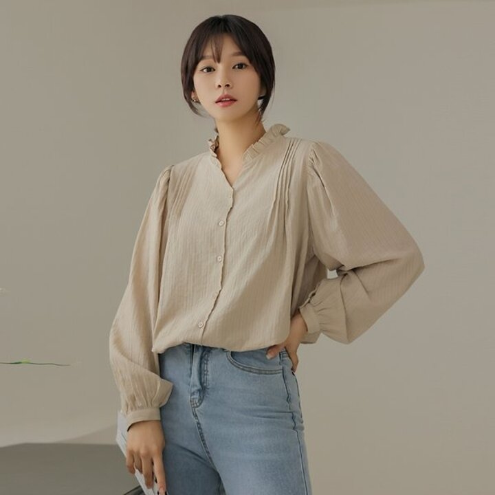 [66-120] 비픈 링클 핀턱 프릴 셔링 블라우스