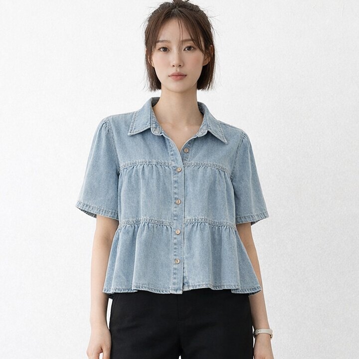 [TAG가114,000]티어드캉캉데님블라우스_S5BBL052C
