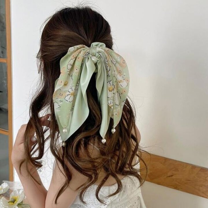 아트박스/앤어바웃 진주 드롭 쉬폰 리본 스카프 헤어 머리끈