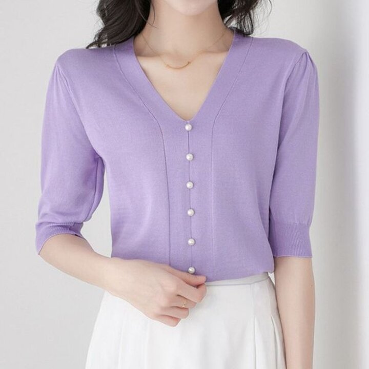 여성 여름 썸머 브이넥 반팔 니트 티 퍼플