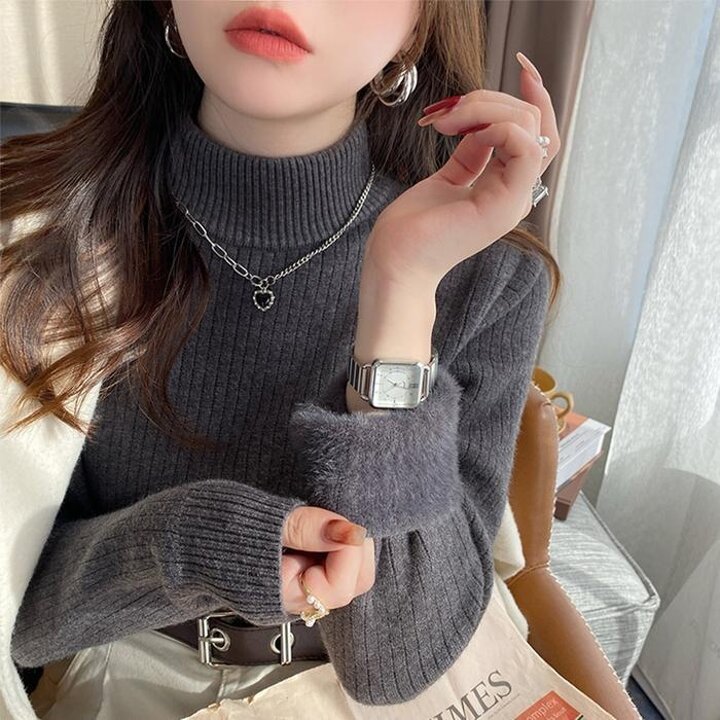 여성겨울퍼반목폴라니트티융기모밍크골지슬림반목니트스웨터