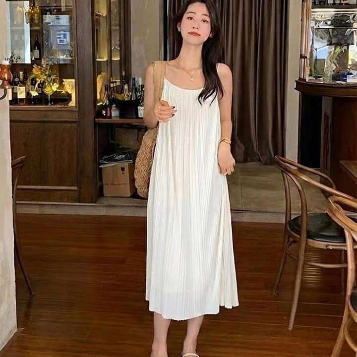 여성플리츠루즈핏민소매끈나시롱원피스