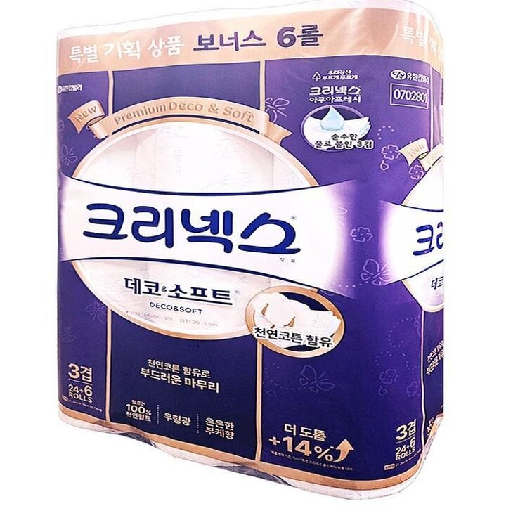 크리넥스데코앤소프트3겹화장지30롤두루마리휴지물에잘녹는무형광집들이수딩플러스(SH)