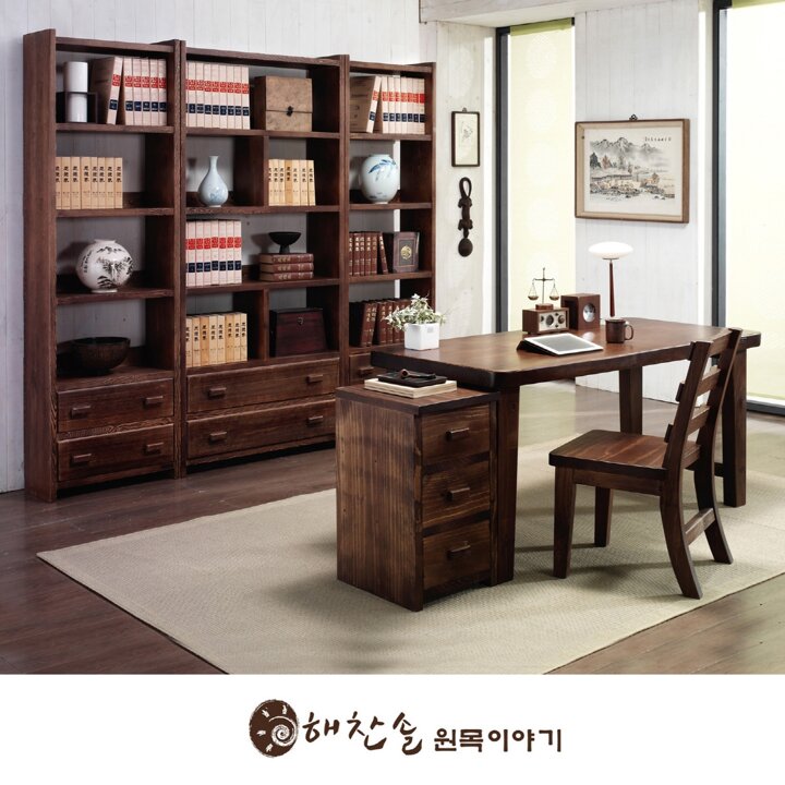 해찬솔 소나무 통원목 서재 1500책상.책장 풀세트(의자포함) /사이즈변경주문제작가능