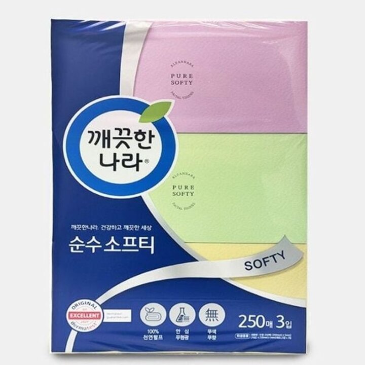 깨끗한나라 무향무색 순수소프티 미용갑티슈 250매 3개[35307301]