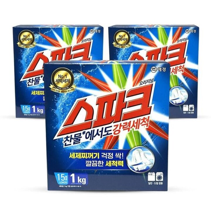 스파크 일반 드럼 겸용 분말 가루 세탁 세제 1kg 3개