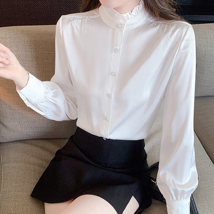 [퀸이즈] [77까지]브림 프릴넥 포인트 블라우스