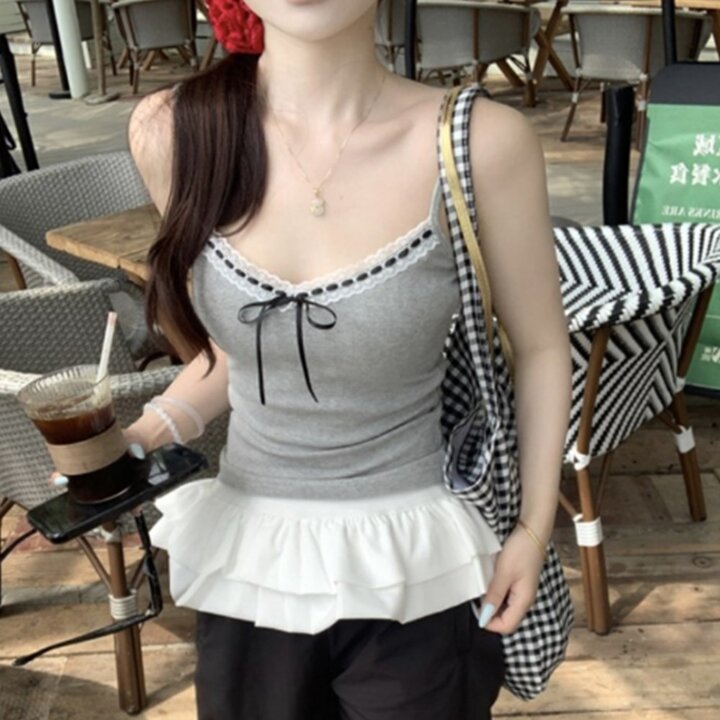 [옷자락] 여성 여름 레이스 캡내장 골지 리본 나시탑
