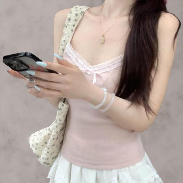[옷자락] 여성 여름 레이스 캡내장 골지 리본 나시탑