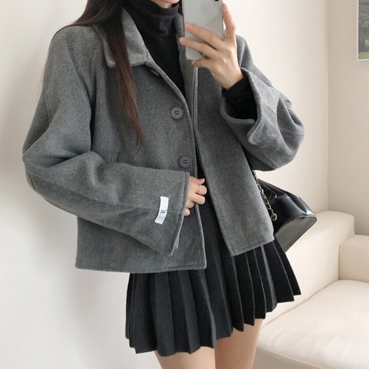 푸에르 심플 베이직 히든 원버튼 카라 울 숏 코트