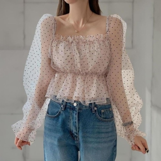 [다잇템] 여자 사각 땡땡이 오간자 비침 프릴 노방 블라우스22550550588872