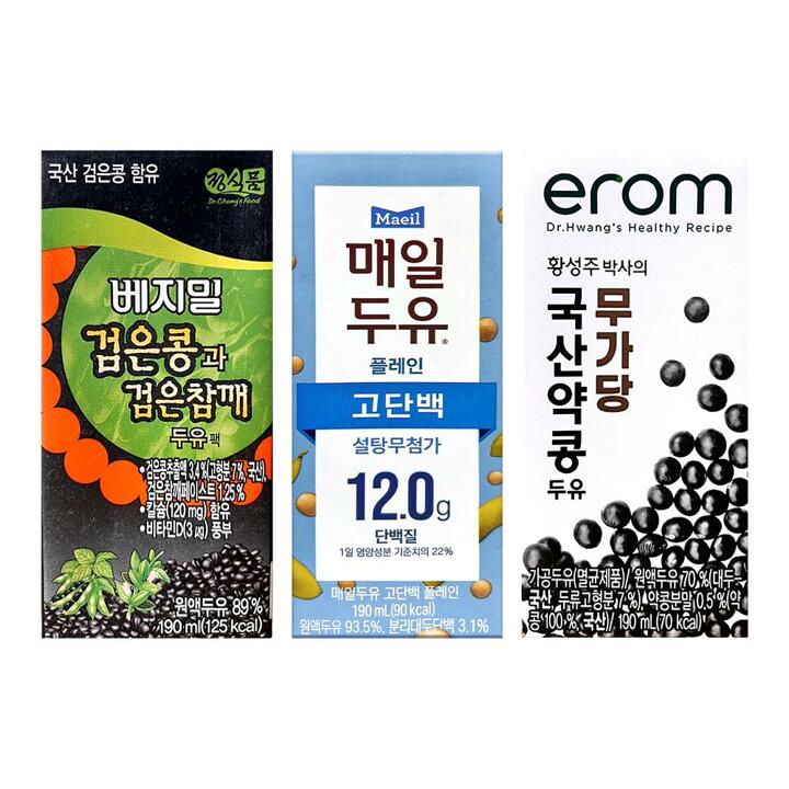 두유 190ml 44팩(매일두유 12팩+이롬 무가당 약콩두유 16팩+베지밀 검은콩 16팩)