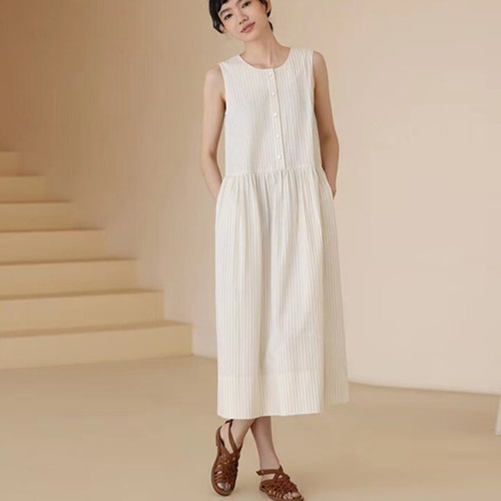 250991 - 스트라이프 린넨면롱원피스 펀칭원피스 인견원피스 빅사이즈원피스 면원피스 여름원피스 맥시롱원