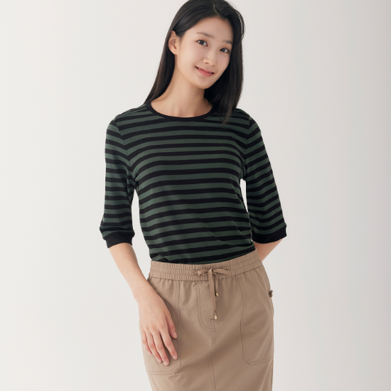 [지센] (2컬러) 에센셜 레이온 스판 스트라이프 티셔츠 LCTSO871