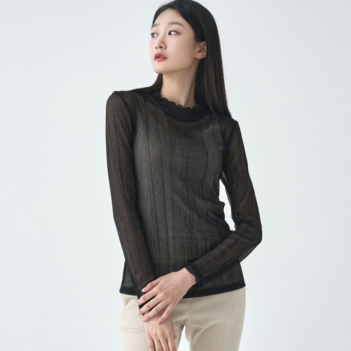 [지센] 메탈 시스루 프릴넥 긴팔 티셔츠 LFTSO306_BK