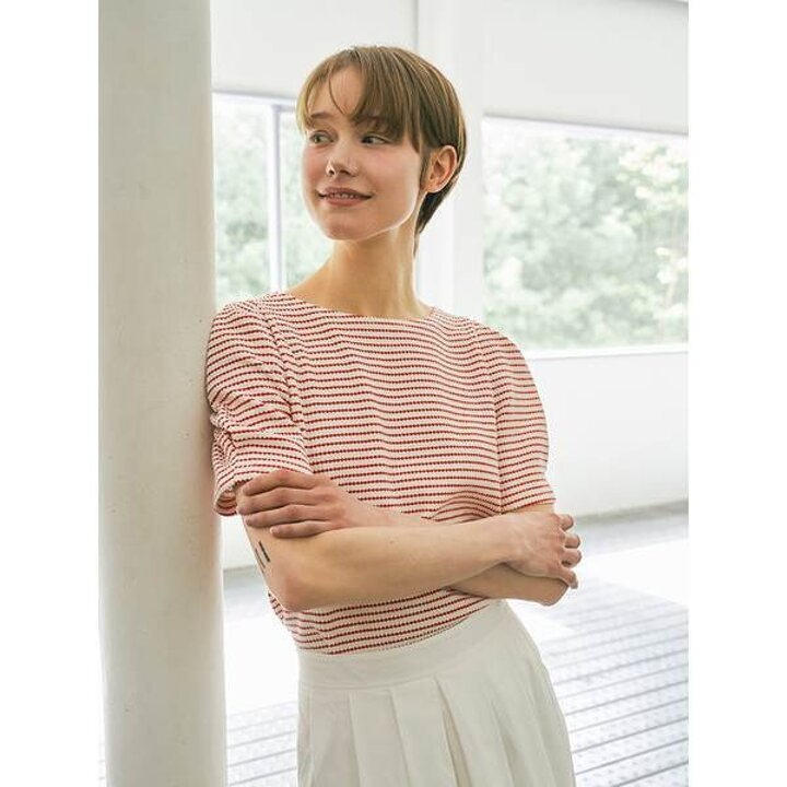 (신세계센텀점)[On-line exclusive] BONHEUR 와플조직 스트라이프 퍼프 티셔츠 OH5XE488