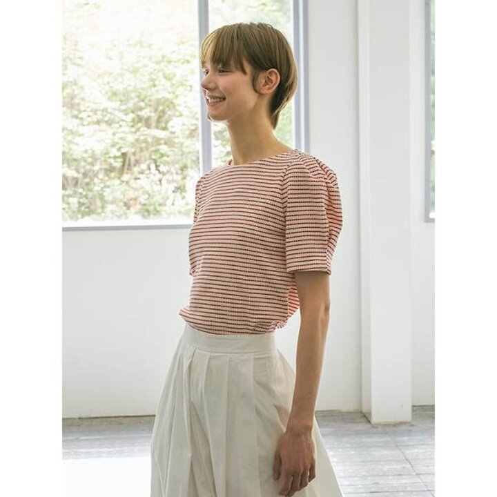 (신세계센텀점)[On-line exclusive] BONHEUR 와플조직 스트라이프 퍼프 티셔츠 OH5XE488