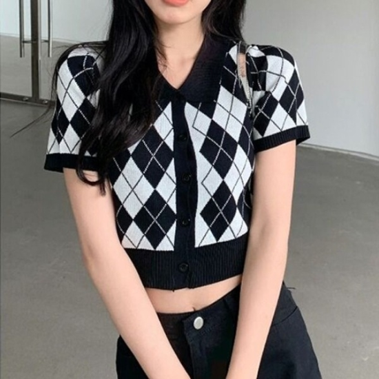 코디피셜 아메리칸 레트로 폴로카라 크롭 반팔 가디건19792003667501