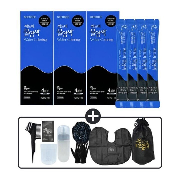 42932097-씨드비물염색시즌2프리미엄새치커버내추럴블랙4회분x3박스+염색도구