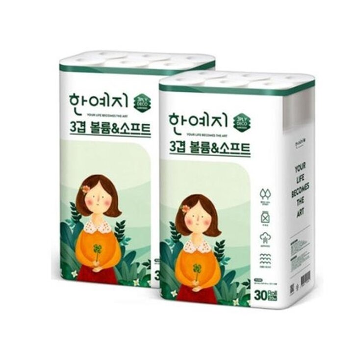 한예지볼륨앤소프트천연펄프3겹화장지30롤2팩