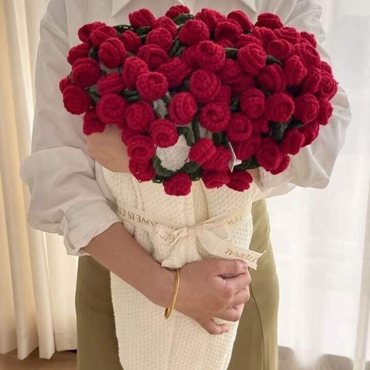 꽃다발 담요 핸드메이 스웨터 장미 담요 완제품 110cm
