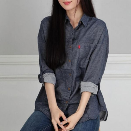 여성 루즈핏 일반핏 심플 기본 면 데님 청 셔츠 청남방 여성남방
