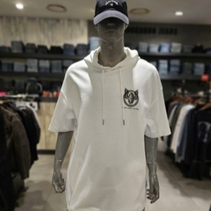 남성 오버핏 우븐 배색 후드 반팔티셔츠DG
