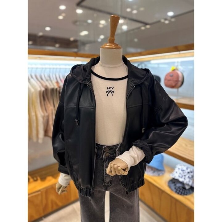 (신세계김해점)후드 스트링 인조가죽 점퍼(LC51E3JP003X)