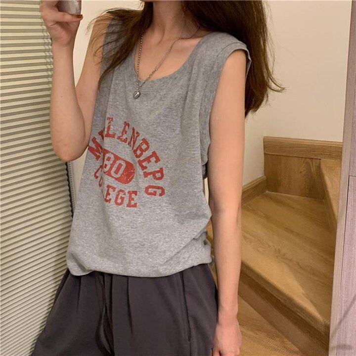 여성루즈핏라운드넥프린팅민소매나시티셔츠