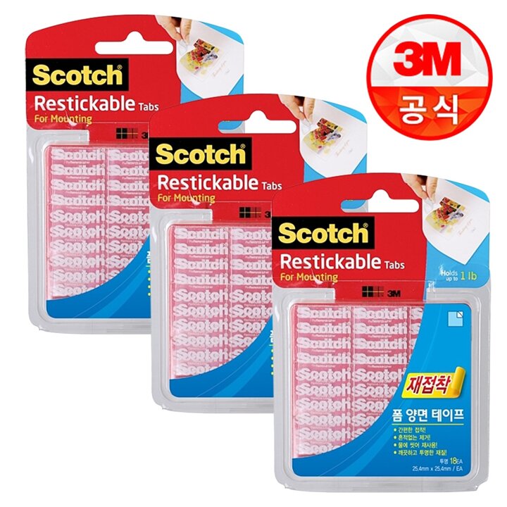 3M 스카치 재접착 양면 테이프 중형 18개입 R100 x3개