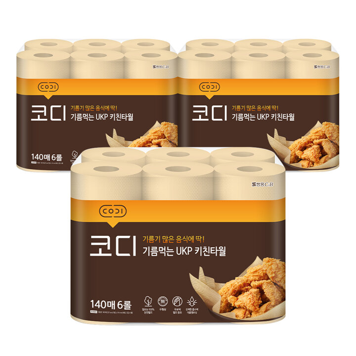 [코디] 코디 기름먹는 UKP 키친타월 140매*6롤 3팩