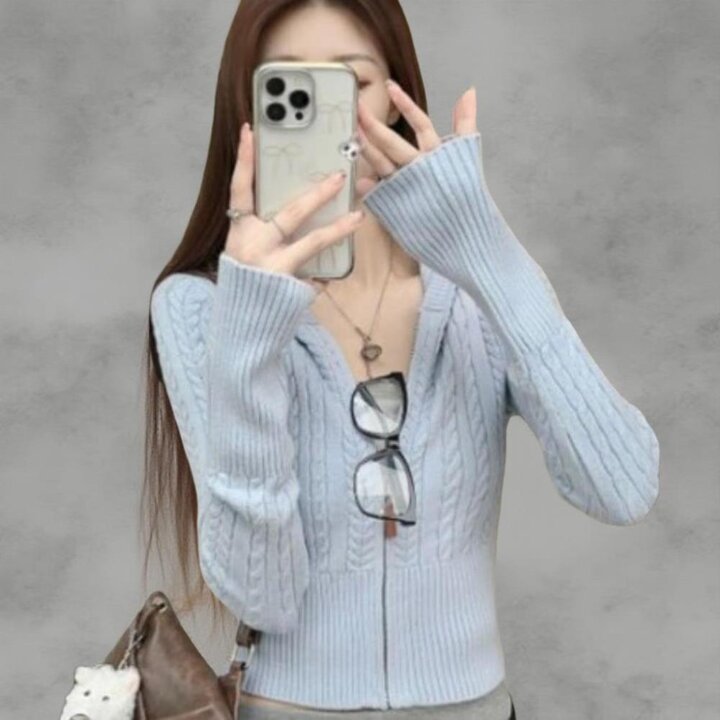 여성 케이블 패턴 집업 후드 슬림핏 숏 니트