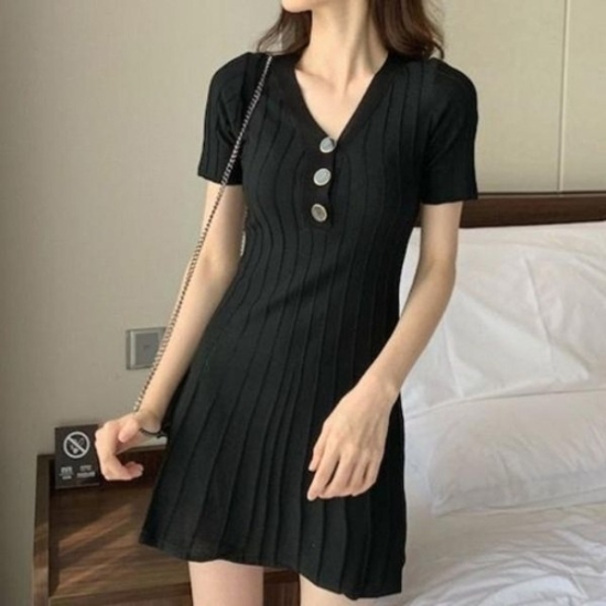 골지 스판 원피스 반팔 V넥 A라인 숏 슬림핏 데이트룩19912268667501