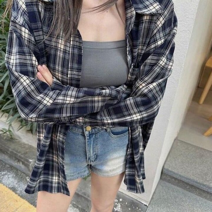 여성용 루즈핏 긴팔 체크 셔츠 캐주얼 남방