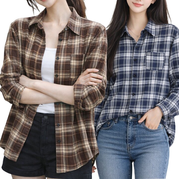 1+1 2종SET 여성 체크남방 오버핏 긴팔 캐주얼 셔츠 간절기 데일리룩