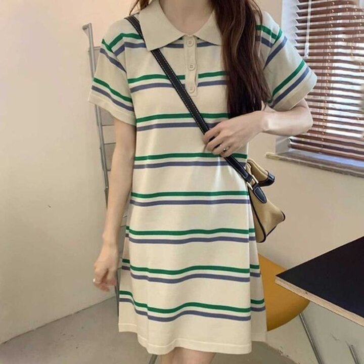 대학생 여자 여름 카라 넥 반팔 원피스 스트라이프 여성면원피스