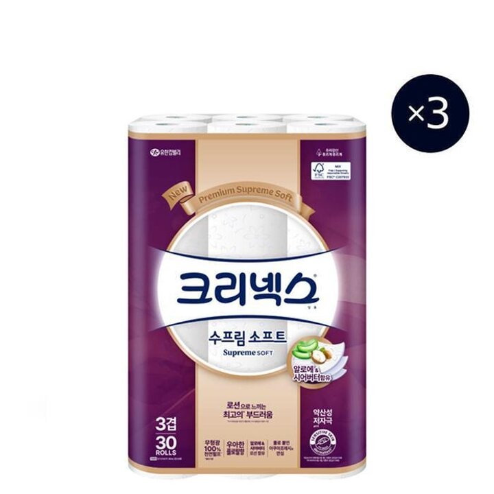 크리넥스3겹펄프수프림소프트화장지27mx30롤x3팩