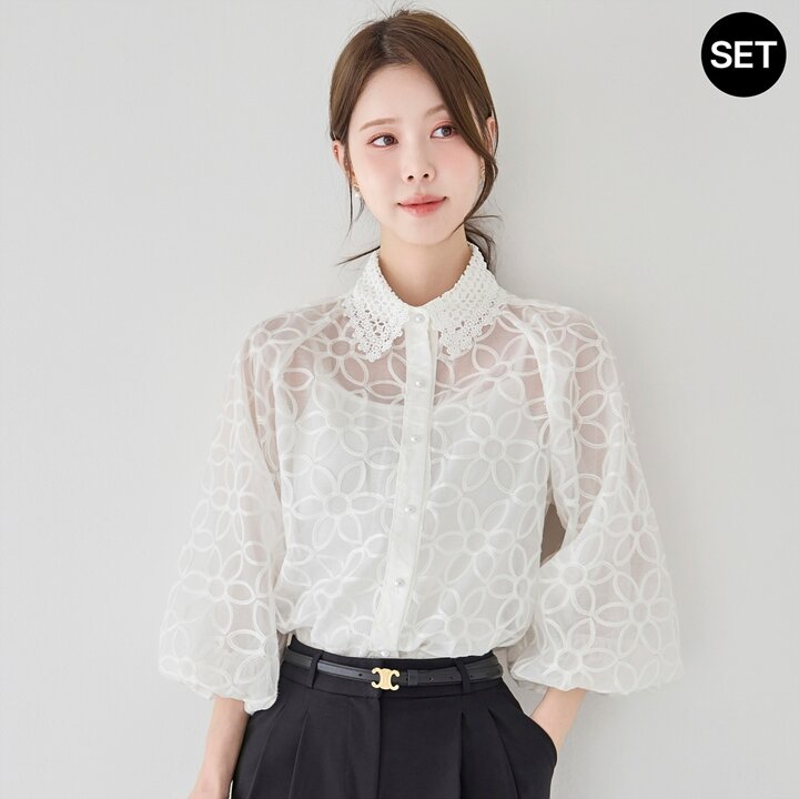 [모리스커밍홈] 플라워 시스루 레이스 카라 나시세트 블라우스_M2603BL081B