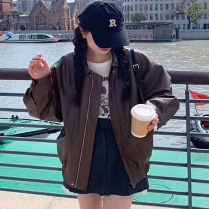 여자 루즈핏 카라 페이크 레더 자켓 가죽 아우터20226828667501