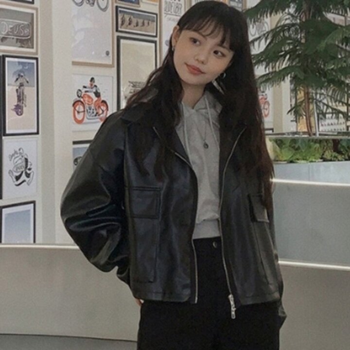 여자 2way 지퍼 페이크 레더 자켓 가죽 세미 크롭20226826667501