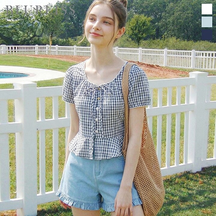 [블루레이스] 체크 리본 페플럼 블라우스_B6M3BL5631